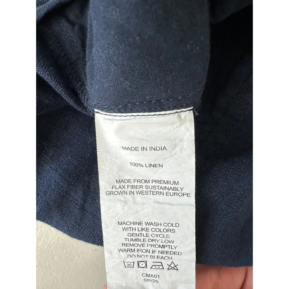 Quince Linen Pants Size L Deep Blue Navy Pull on Straight Leg Elastic Waist